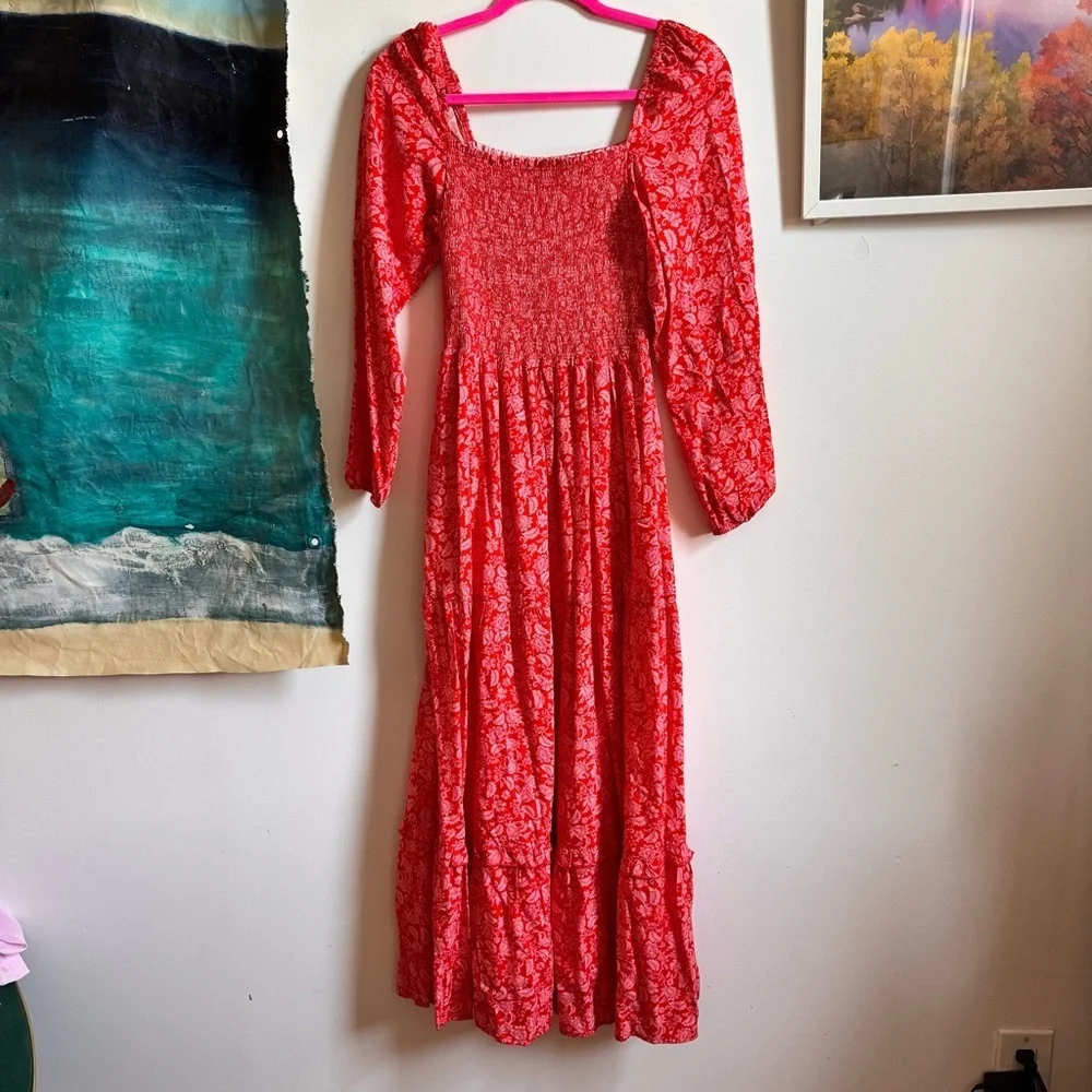 Anthropologie Dolan Left Coast Floral Smocked Midi Dress Red Pink Medium - Picture 3 of 6